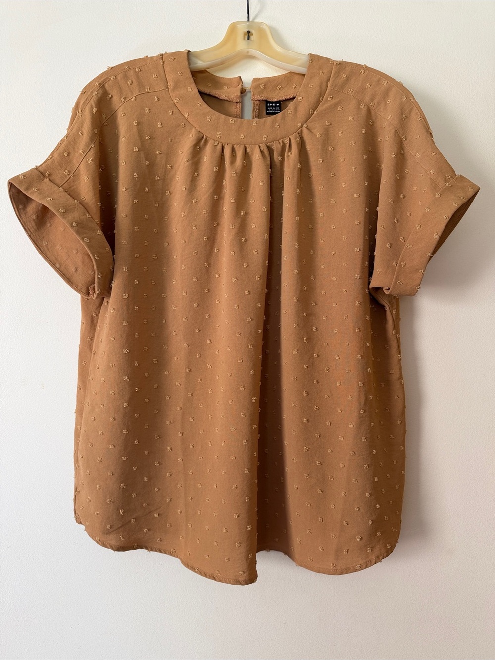 SHEIN Tan Dot-Textured Short Sleeve Blouse